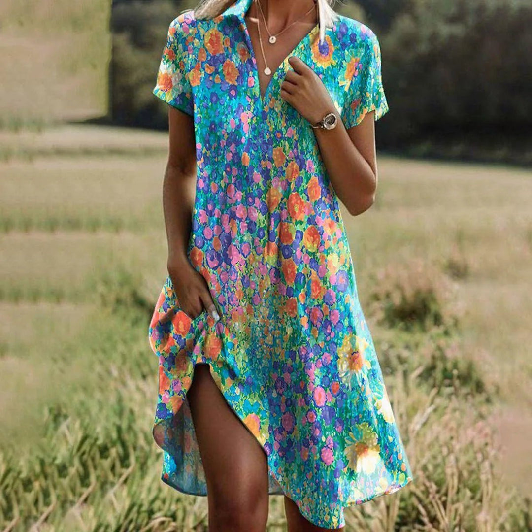 Zoe | Stylish Floral V - Neck Short Sleeve Dress - Emma's Dresses