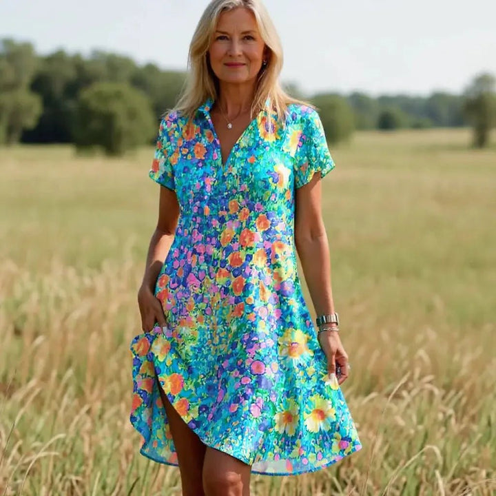 Zoe | Stylish Floral V - Neck Short Sleeve Dress - Emma's Dresses