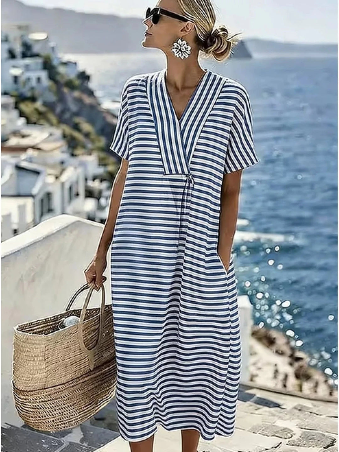 Lucy | Stylish Pink V - Neck Striped Short Sleeve Dress - Emma's Dresses