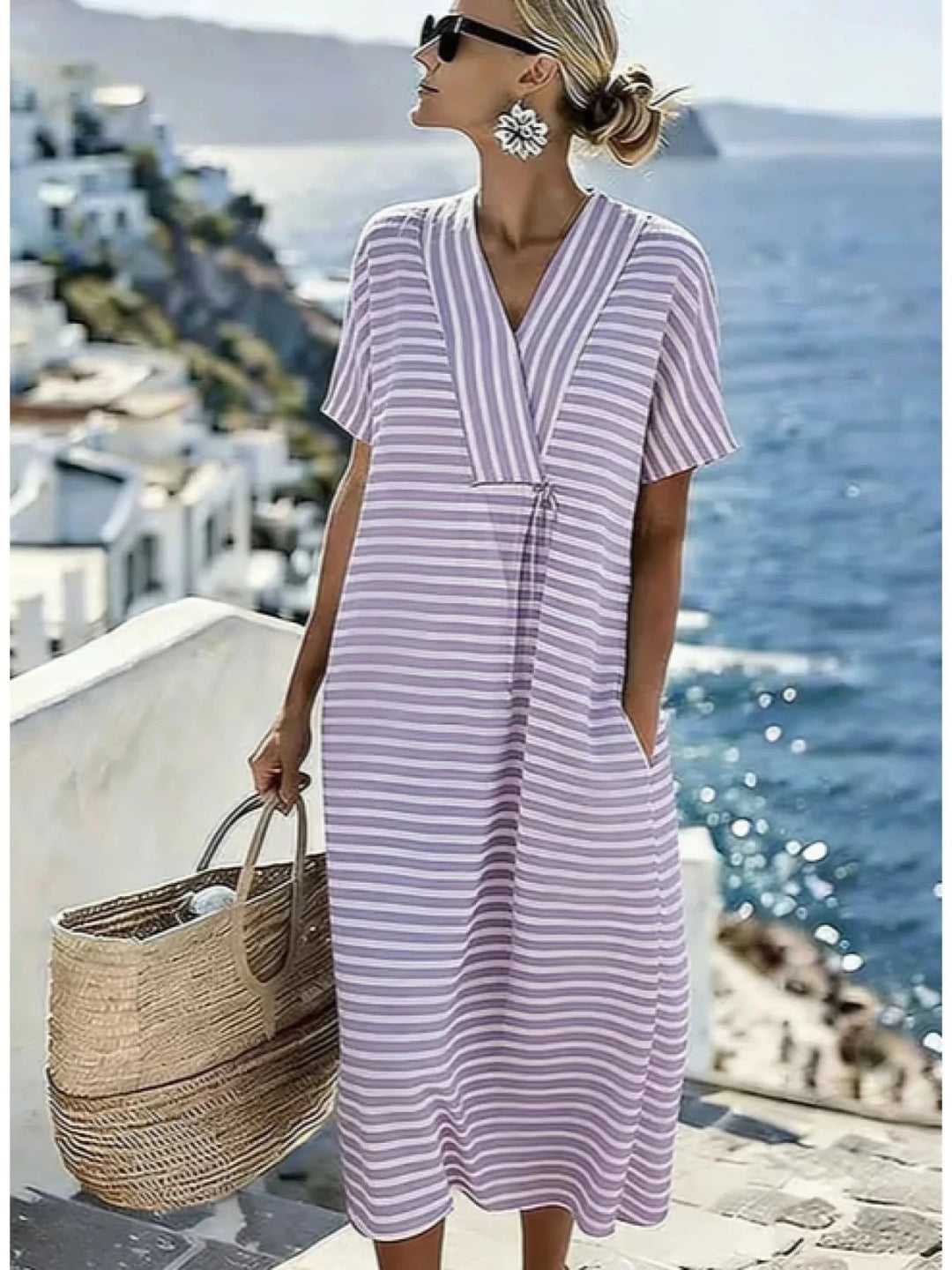 Lucy | Stylish Pink V - Neck Striped Short Sleeve Dress - Emma's Dresses