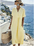 Lucy | Stylish Pink V-Neck Striped Short Sleeve Dress