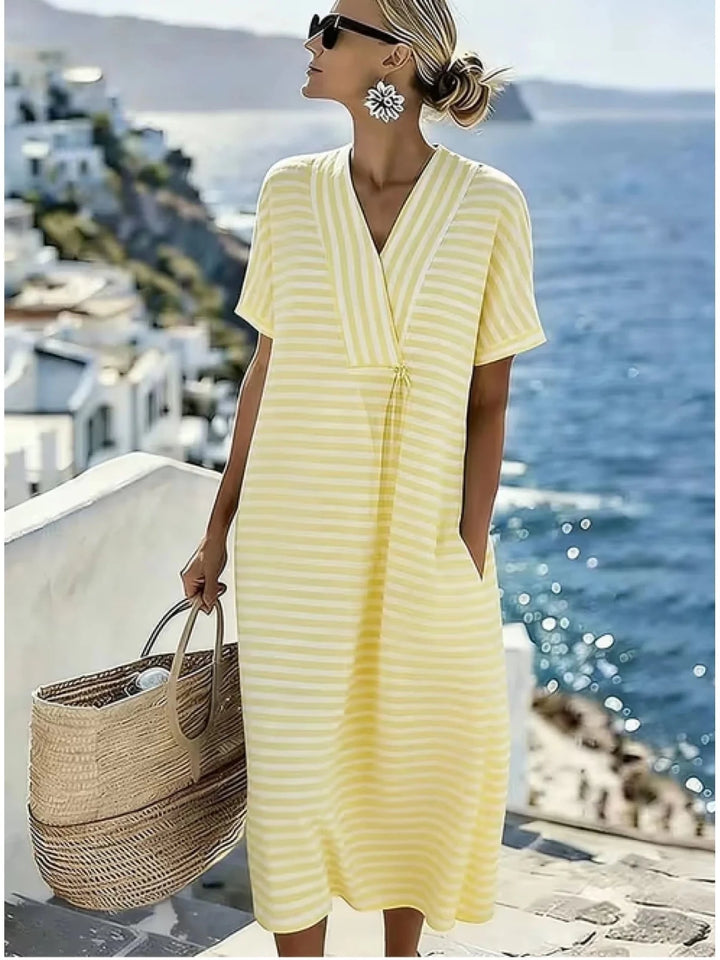 Lucy | Stylish Pink V - Neck Striped Short Sleeve Dress - Emma's Dresses