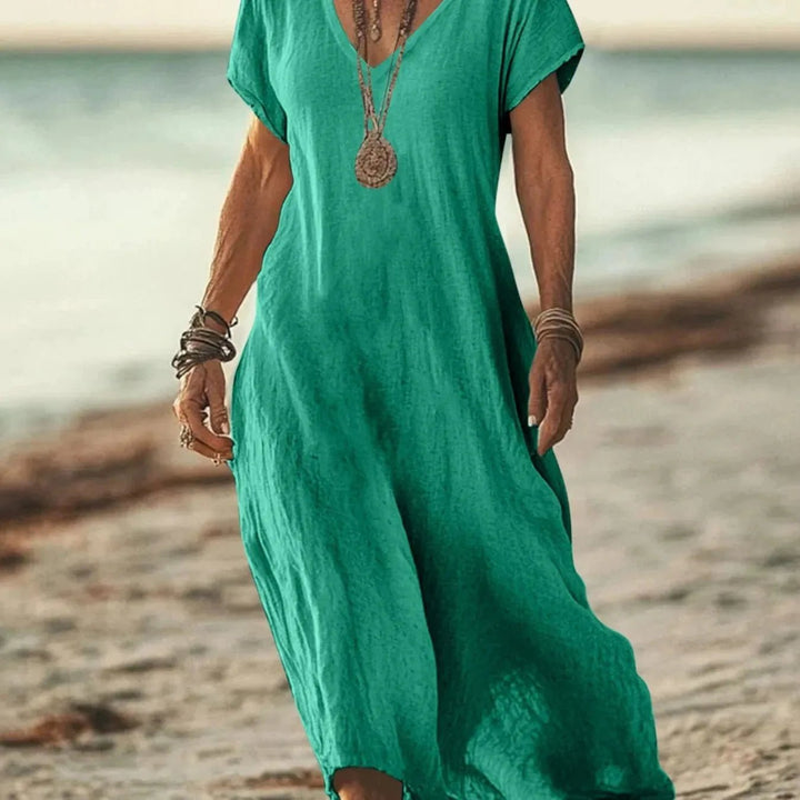 Lena | Pink V - Neck Short Sleeve Maxi Dress - Emma's Dresses