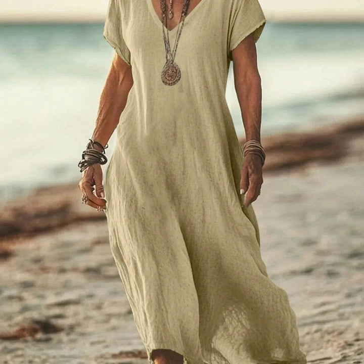 Lena | Pink V - Neck Short Sleeve Maxi Dress - Emma's Dresses