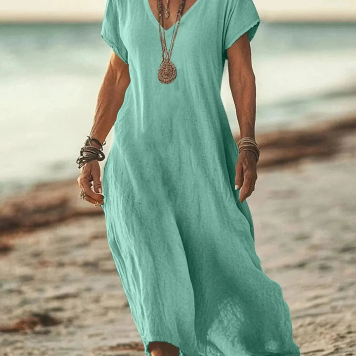 Lena | Pink V - Neck Short Sleeve Maxi Dress - Emma's Dresses