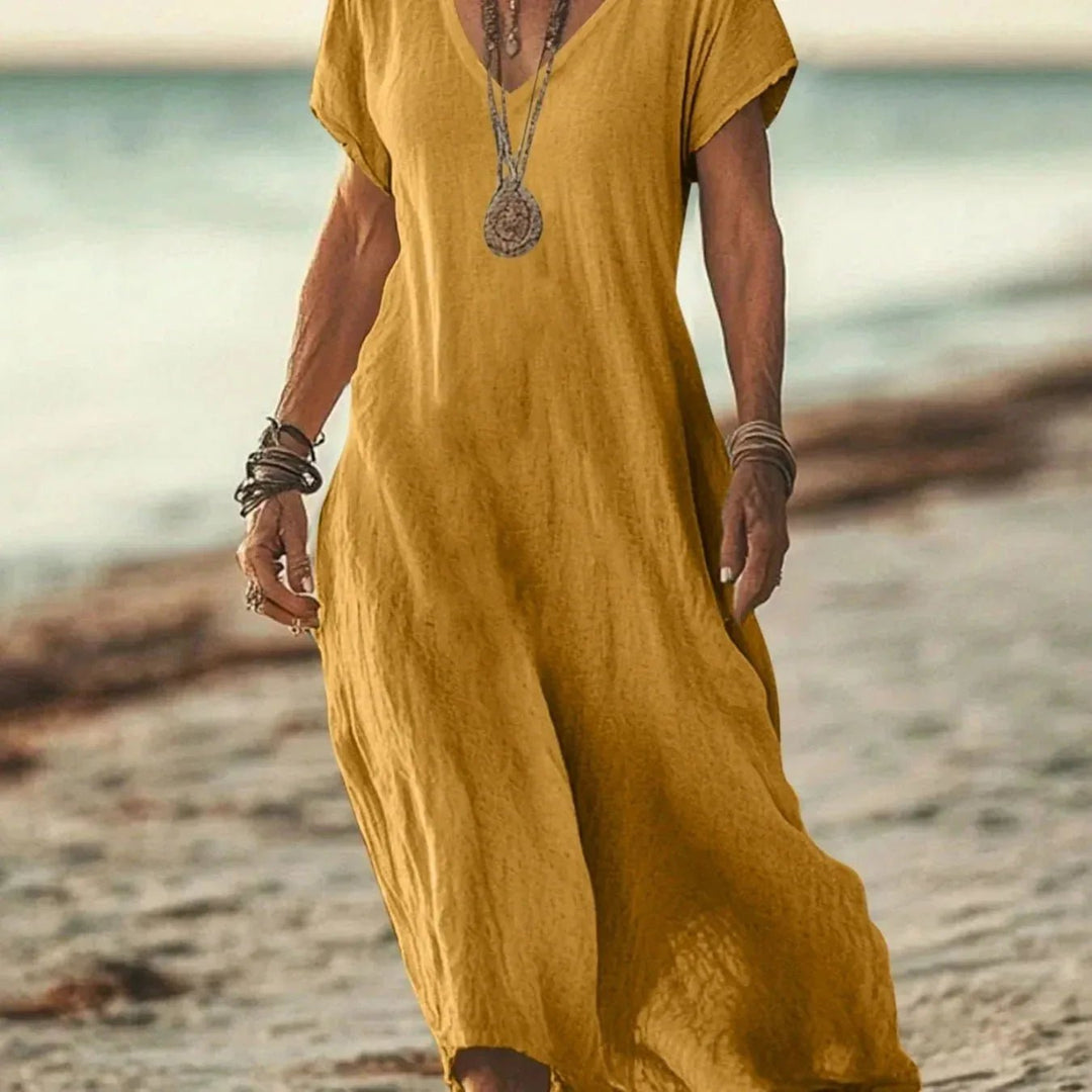 Lena | Pink V - Neck Short Sleeve Maxi Dress - Emma's Dresses