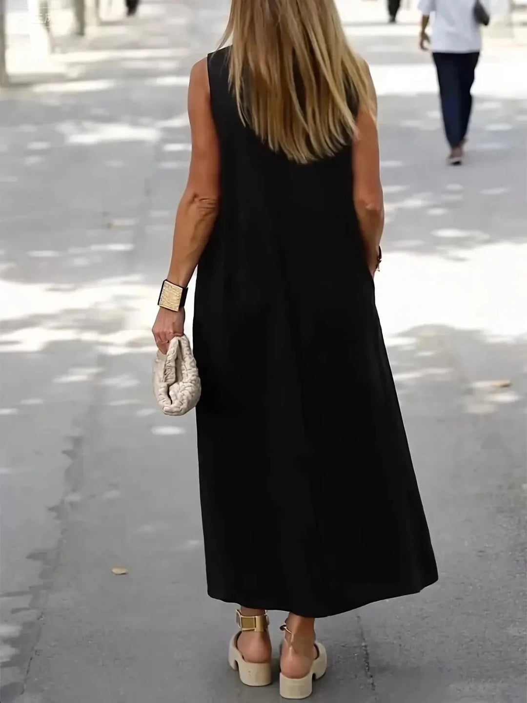 Imogen | Elegant White V - Neck Sleeveless Midi Dress - Emma's Dresses