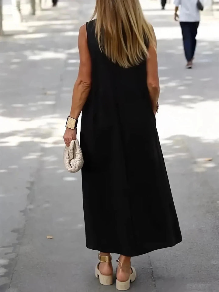 Imogen | Elegant White V - Neck Sleeveless Midi Dress - Emma's Dresses