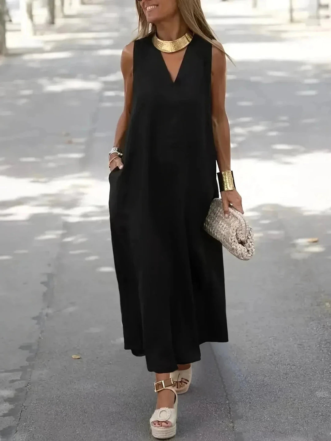 Imogen | Elegant White V - Neck Sleeveless Midi Dress - Emma's Dresses