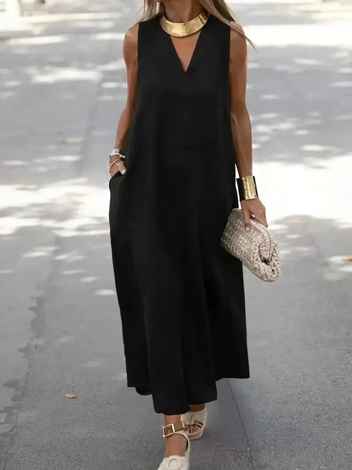 Imogen | Elegant White V - Neck Sleeveless Midi Dress - Emma's Dresses
