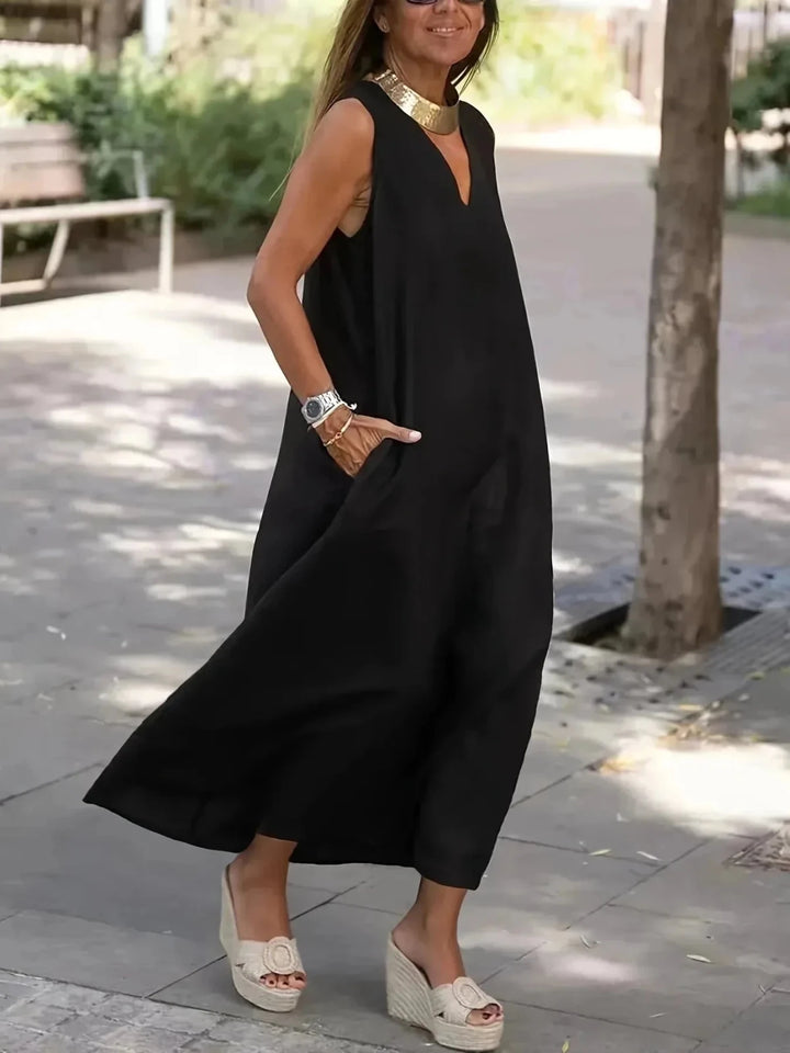 Imogen | Elegant White V - Neck Sleeveless Midi Dress - Emma's Dresses