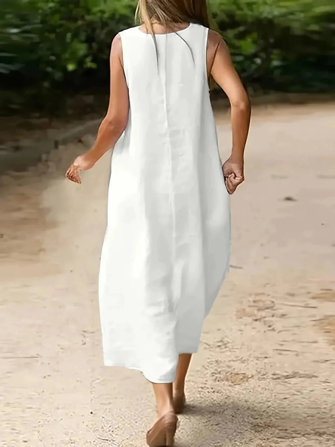 Imogen | Elegant White V - Neck Sleeveless Midi Dress - Emma's Dresses