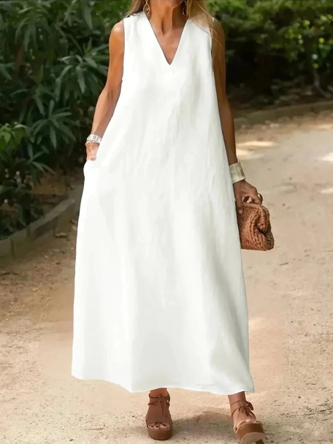 Imogen | Elegant White V - Neck Sleeveless Midi Dress - Emma's Dresses