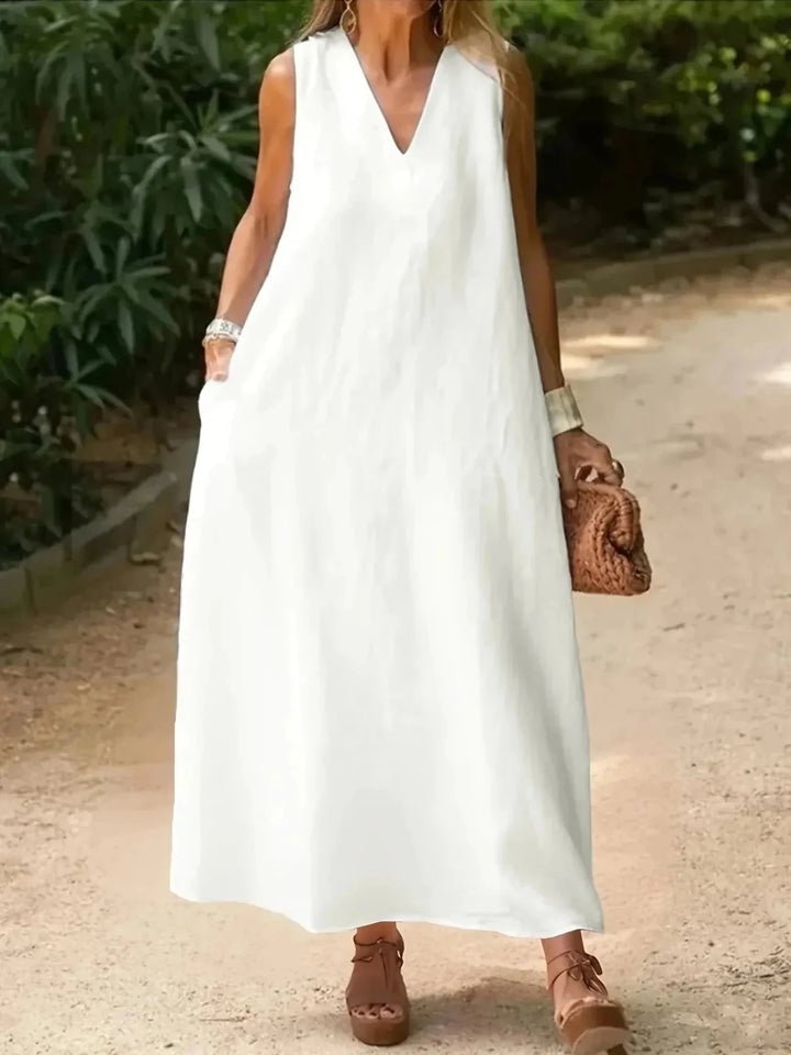 Imogen | Elegant White V - Neck Sleeveless Midi Dress - Emma's Dresses