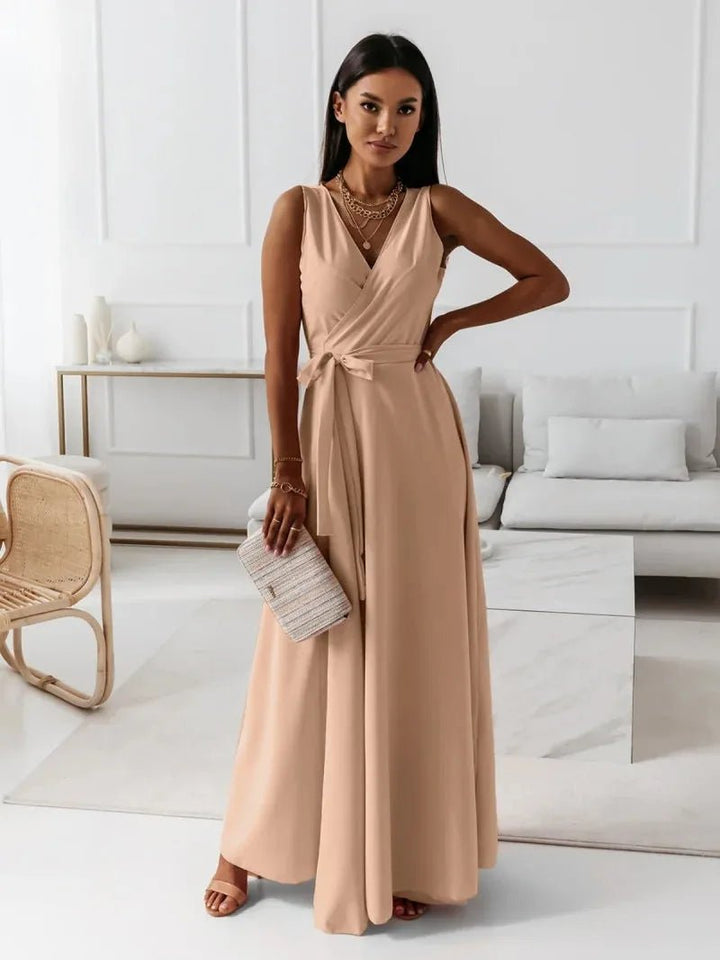 Maya | Elegant Pink V - Neck Sleeveless Wrap Maxi Dress - Emma's Dresses