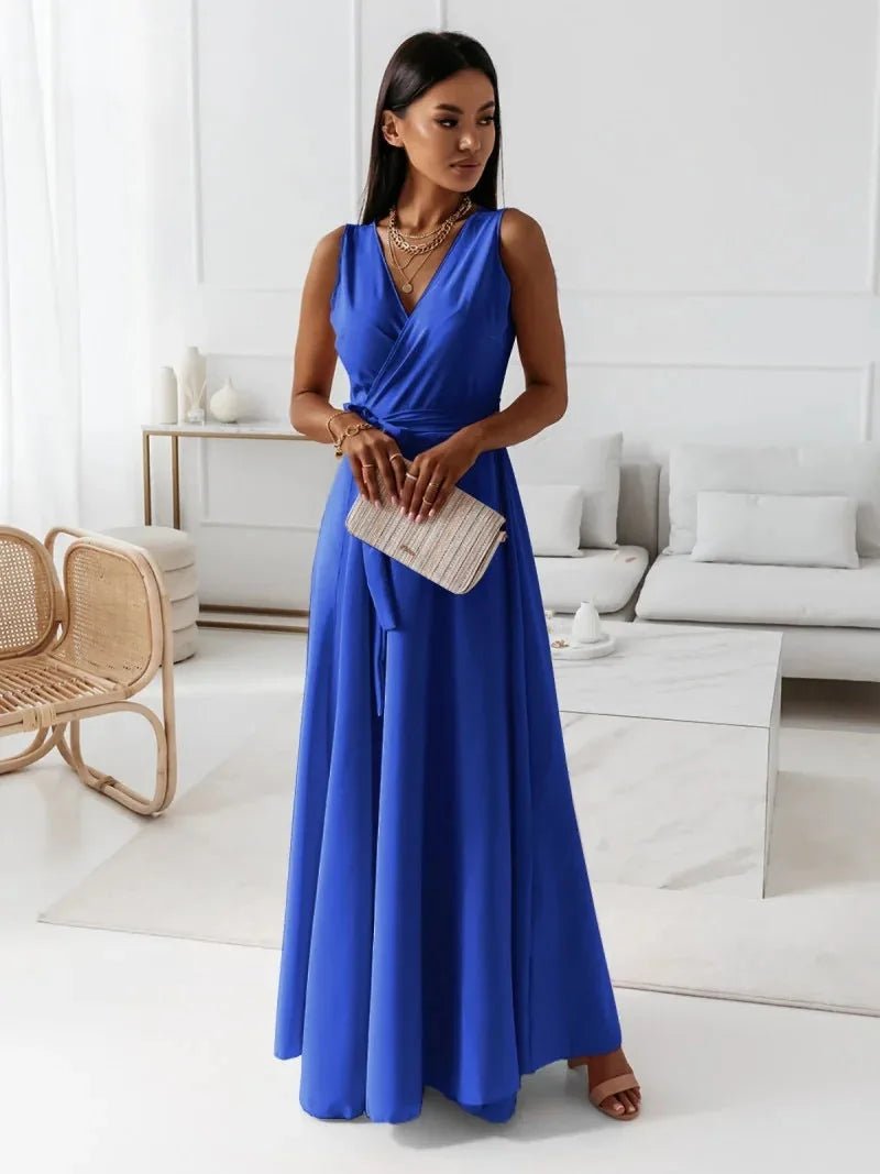 Sienna | Elegant V - Neck Sleeveless Wrap Maxi Dress - Emma's Dresses