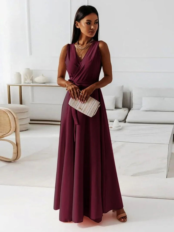 Maya | Elegant Pink V - Neck Sleeveless Wrap Maxi Dress - Emma's Dresses