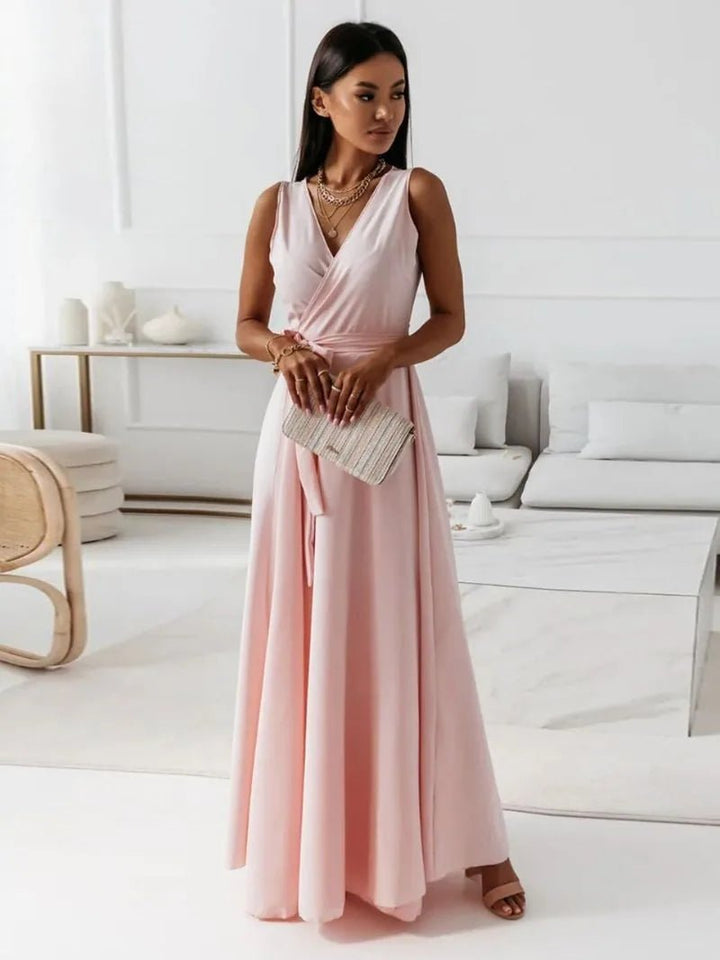Sienna | Elegant V - Neck Sleeveless Wrap Maxi Dress - Emma's Dresses