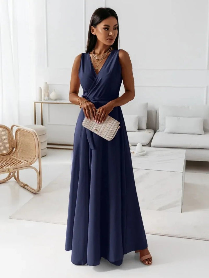 Maya | Elegant Pink V - Neck Sleeveless Wrap Maxi Dress - Emma's Dresses