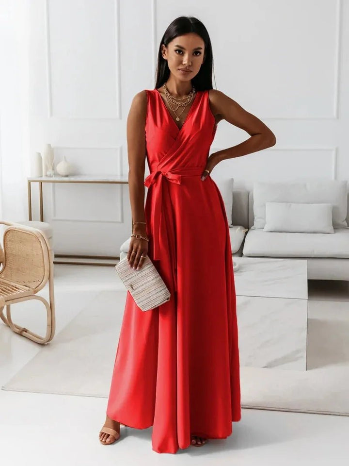Maya | Elegant Pink V - Neck Sleeveless Wrap Maxi Dress - Emma's Dresses