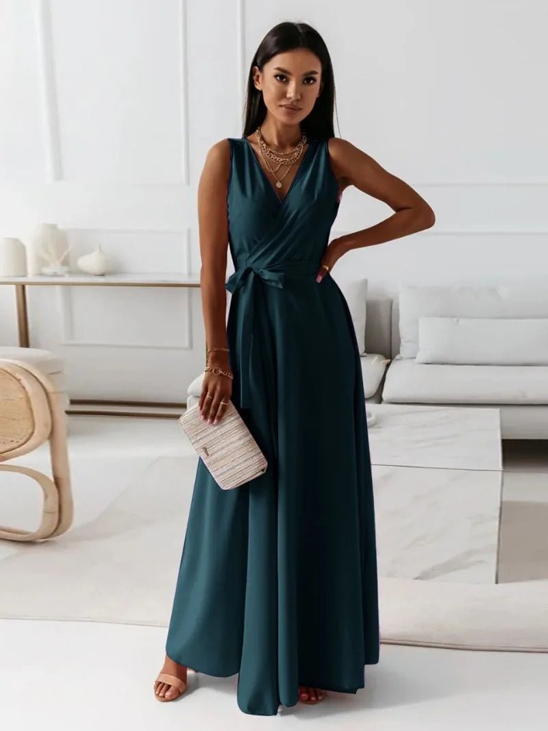 Sienna | Elegant V - Neck Sleeveless Wrap Maxi Dress - Emma's Dresses