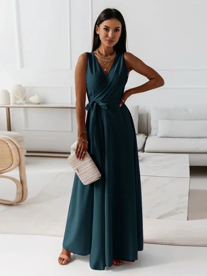 Maya | Elegant Pink V - Neck Sleeveless Wrap Maxi Dress - Emma's Dresses