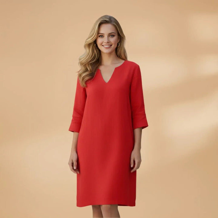 Iris | Elegant Dress with V - Neck and Three - Quarter Sleeves - Emma's Dresses