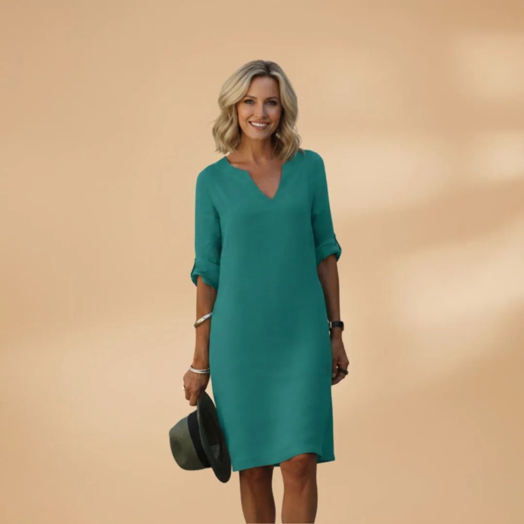 Iris | Elegant Dress with V - Neck and Three - Quarter Sleeves - Emma's Dresses