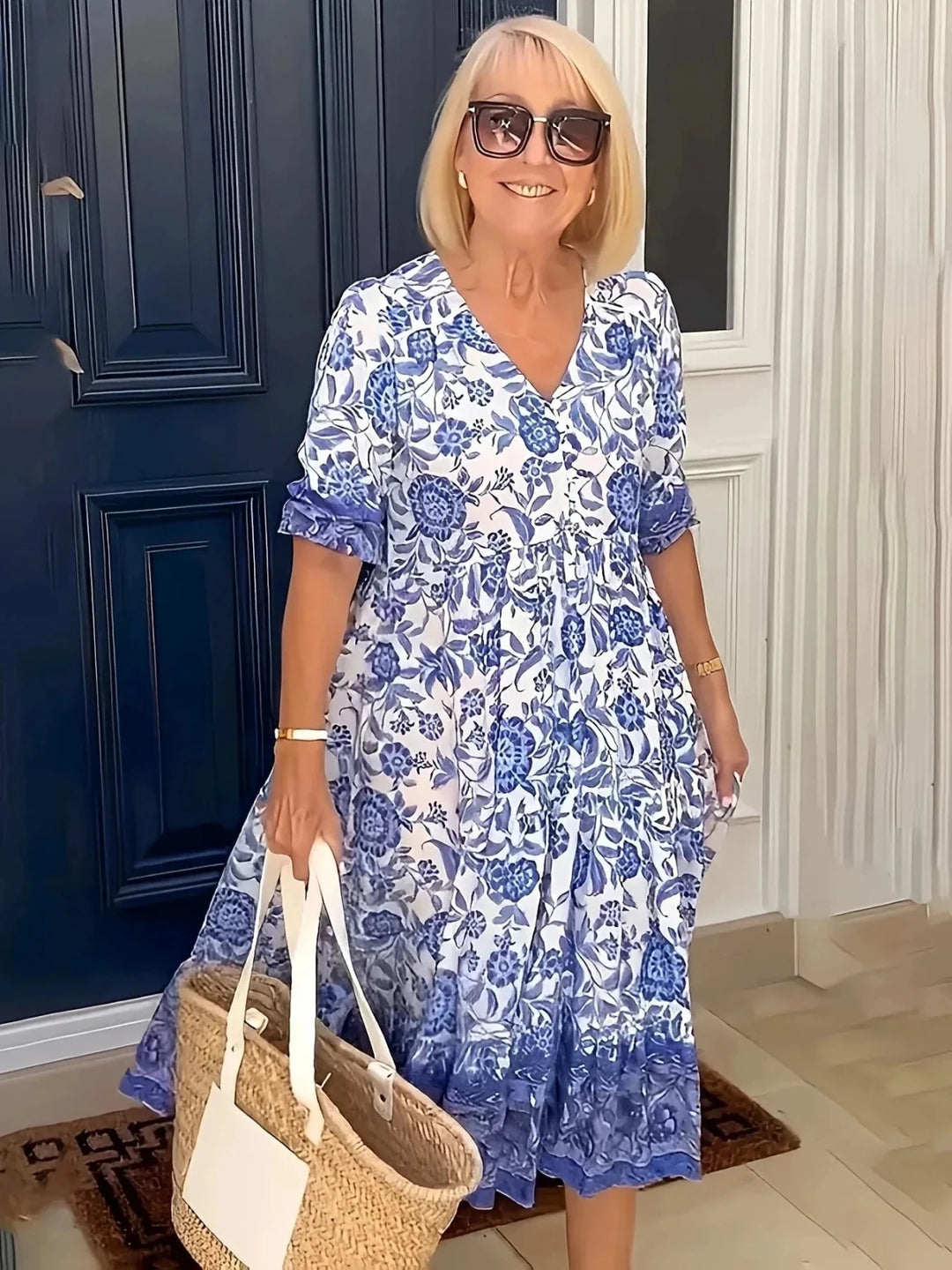 Chloe | Elegant Floral V - Neck Tiered Dress - Emma's Dresses