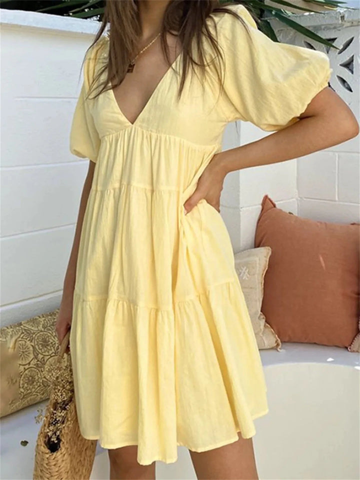 Matilda | Effortless V - Neck Tiered Yellow Dress - Emma's Dresses