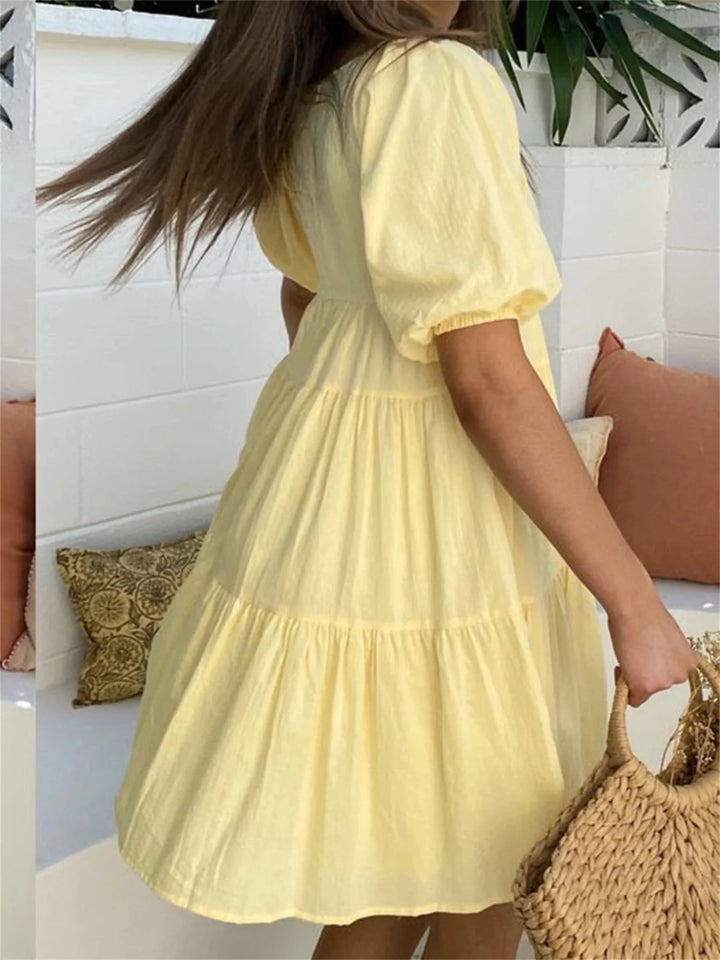 Matilda | Effortless V - Neck Tiered Yellow Dress - Emma's Dresses