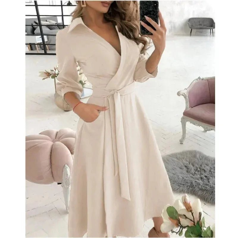 Celeste | Elegant V - Neck Wrap Butterfly Print Midi Dress - Emma's Dresses