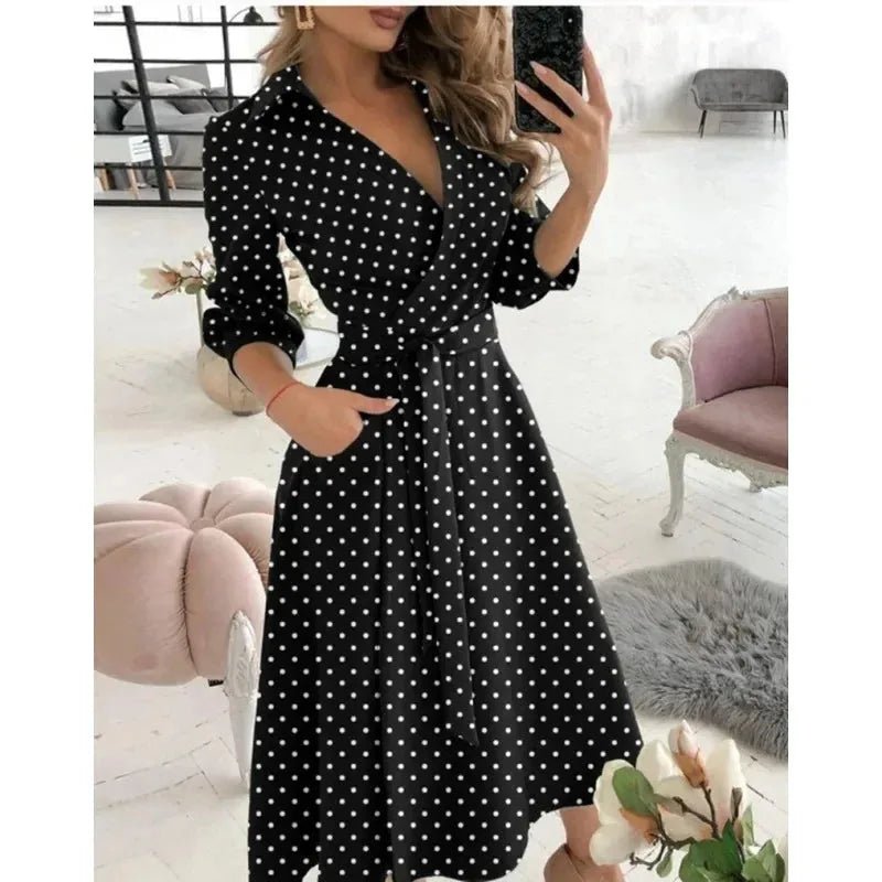 Celeste | Elegant V - Neck Wrap Butterfly Print Midi Dress - Emma's Dresses