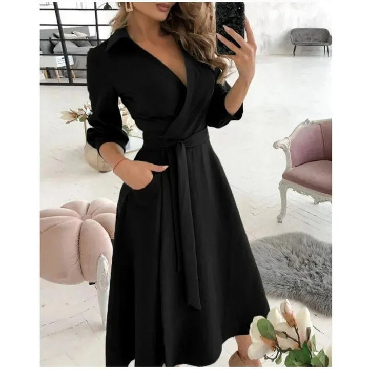 Celeste | Elegant V - Neck Wrap Butterfly Print Midi Dress - Emma's Dresses