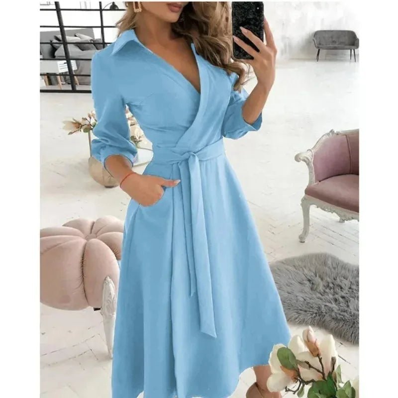 Celeste | Elegant V - Neck Wrap Butterfly Print Midi Dress - Emma's Dresses