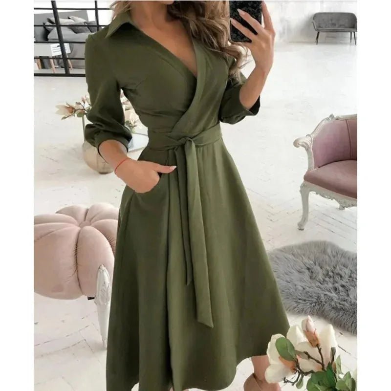 Celeste | Elegant V - Neck Wrap Butterfly Print Midi Dress - Emma's Dresses