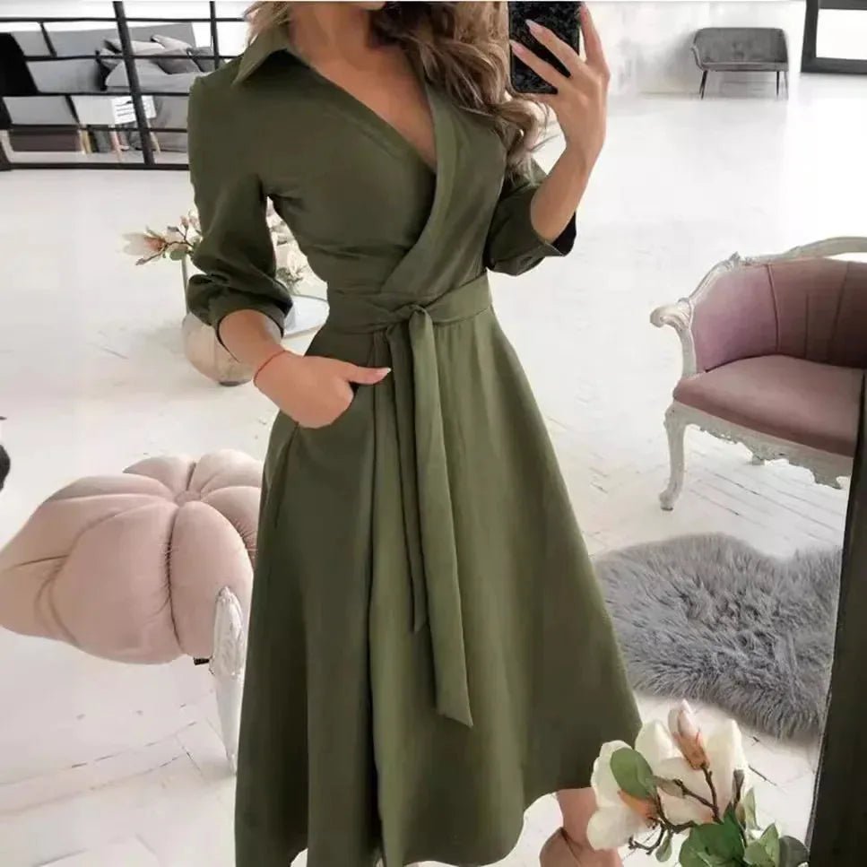 Celeste | Elegant V - Neck Wrap Butterfly Print Midi Dress - Emma's Dresses