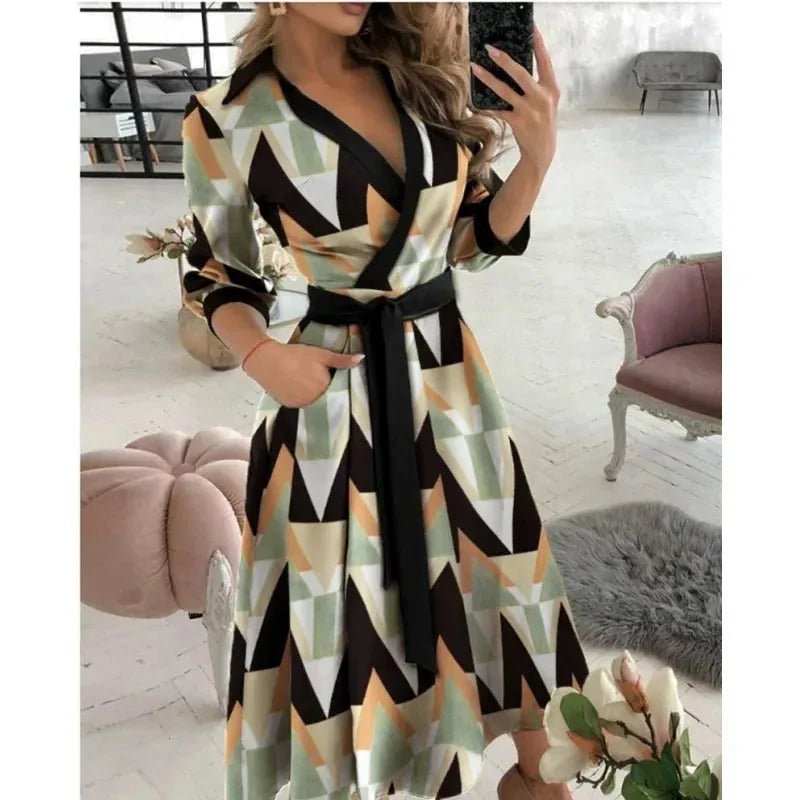 Celeste | Elegant V - Neck Wrap Butterfly Print Midi Dress - Emma's Dresses