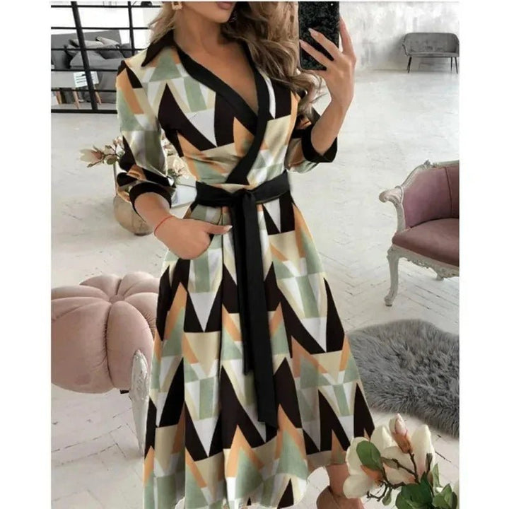 Celeste | Elegant V - Neck Wrap Butterfly Print Midi Dress - Emma's Dresses