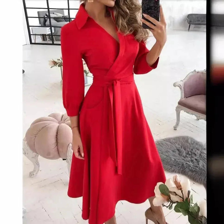 Celeste | Elegant V - Neck Wrap Butterfly Print Midi Dress - Emma's Dresses