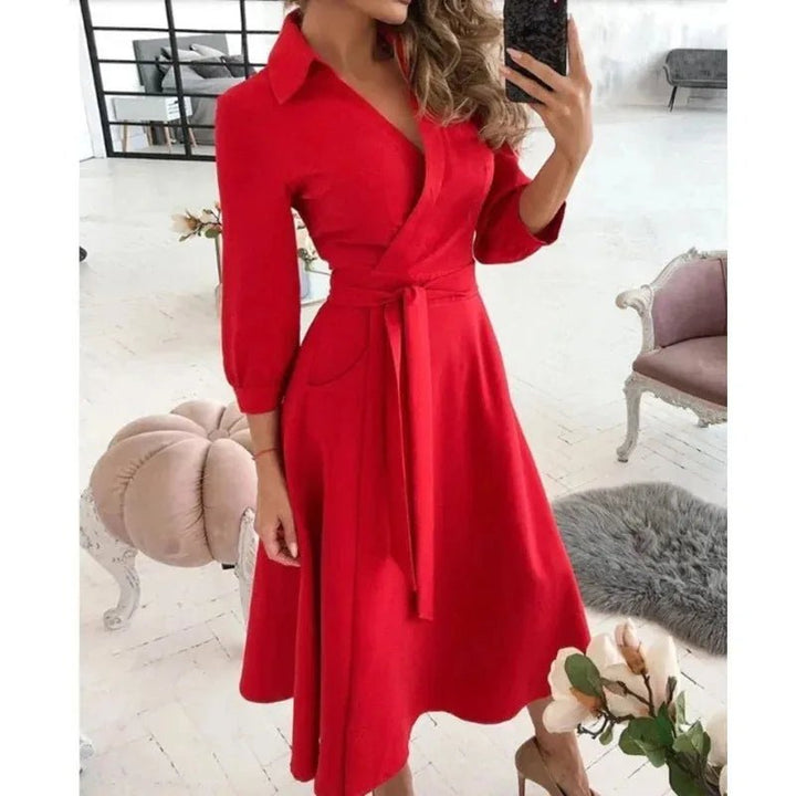 Celeste | Elegant V - Neck Wrap Butterfly Print Midi Dress - Emma's Dresses