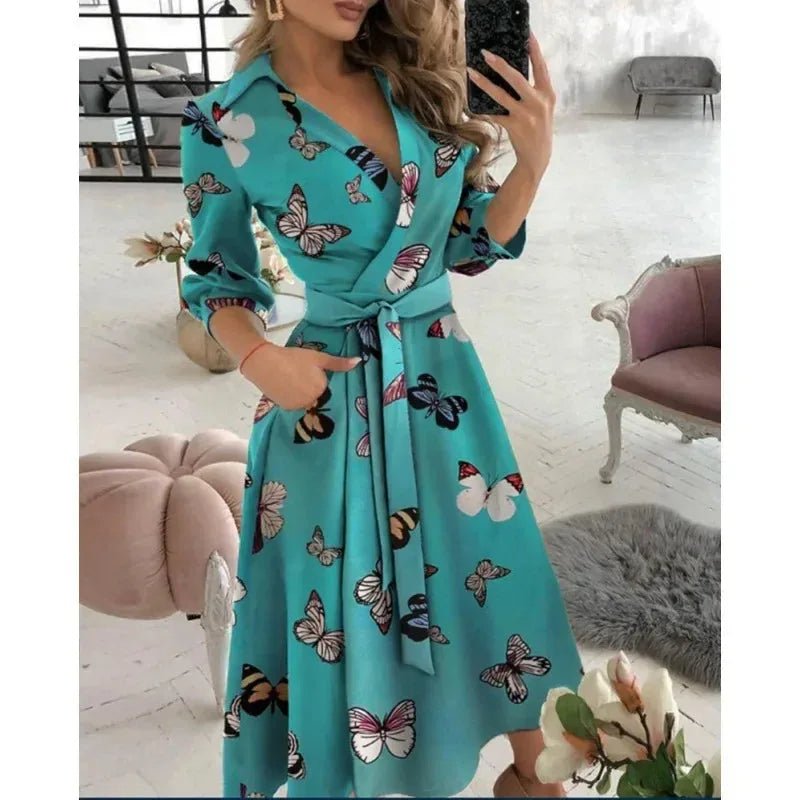 Celeste | Elegant V - Neck Wrap Butterfly Print Midi Dress - Emma's Dresses