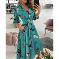 Celeste | Elegant V-Neck Wrap Butterfly Print Midi Dress