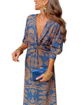 Talia | Elegant V-Neck Wrap Blue Dress With Rope Print