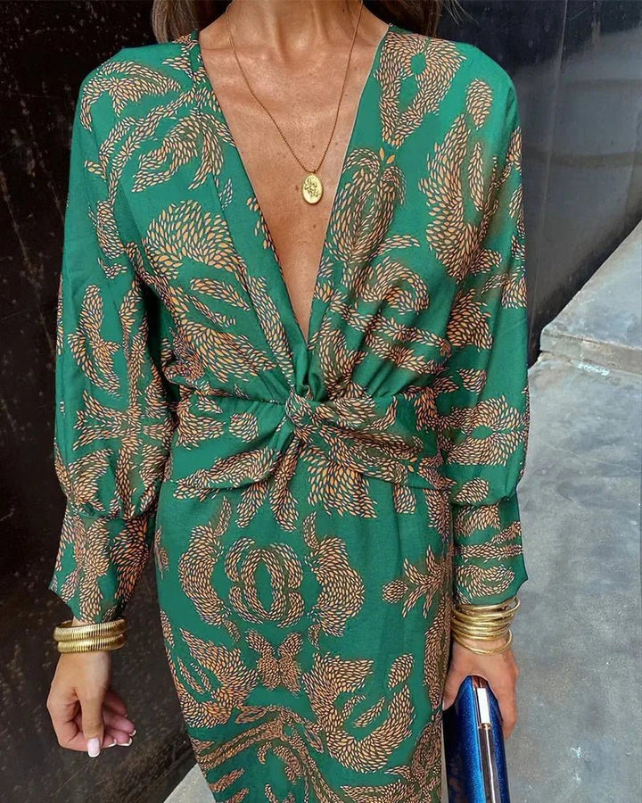 Talia | Elegant V - Neck Wrap Blue Dress With Rope Print - Emma's Dresses