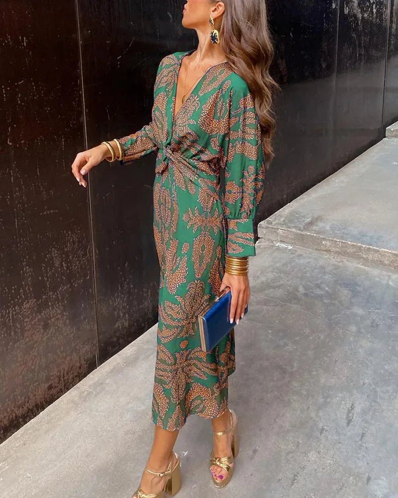 Talia | Elegant V - Neck Wrap Blue Dress With Rope Print - Emma's Dresses