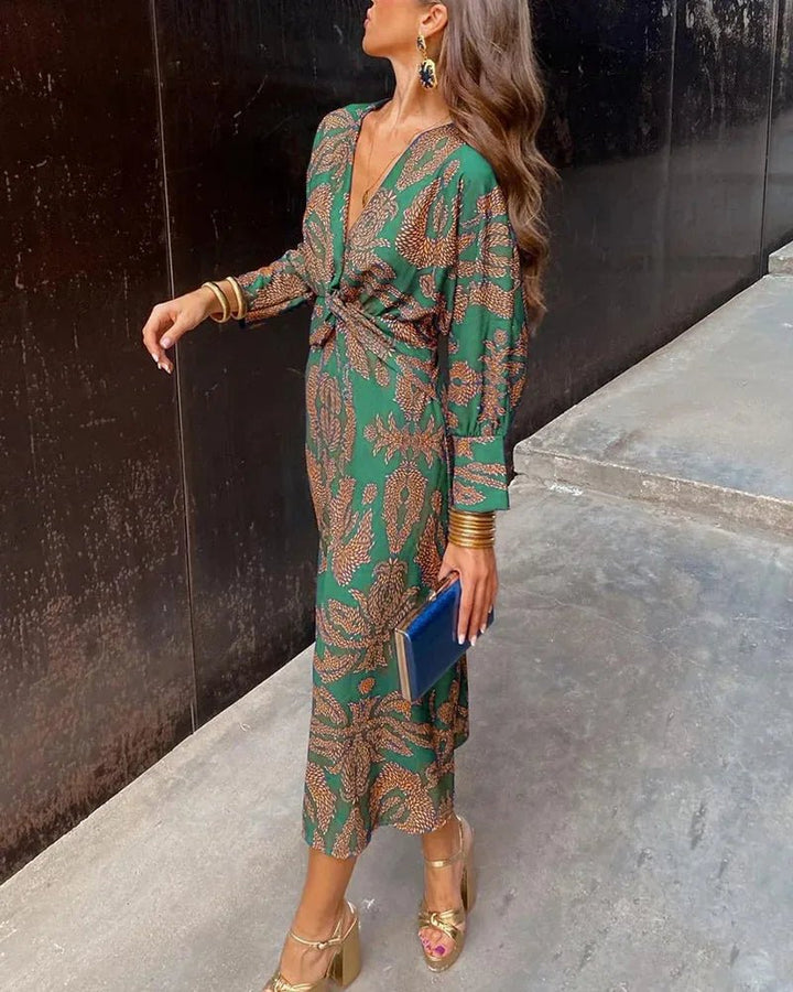 Talia | Elegant V - Neck Wrap Blue Dress With Rope Print - Emma's Dresses