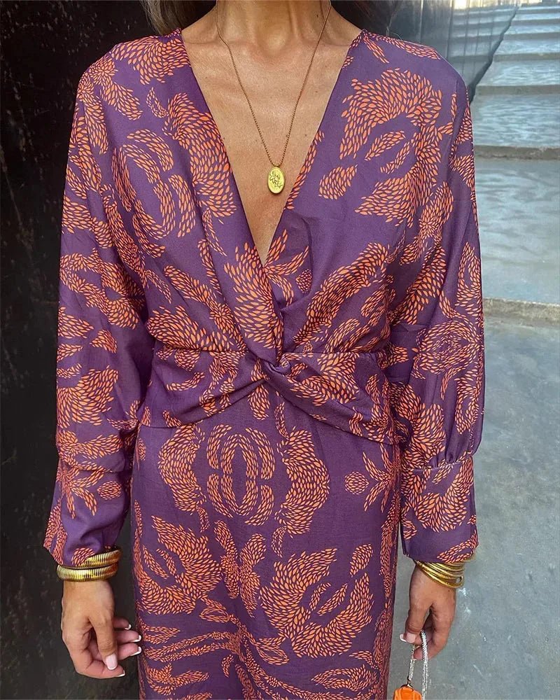 Talia | Elegant V - Neck Wrap Blue Dress With Rope Print - Emma's Dresses