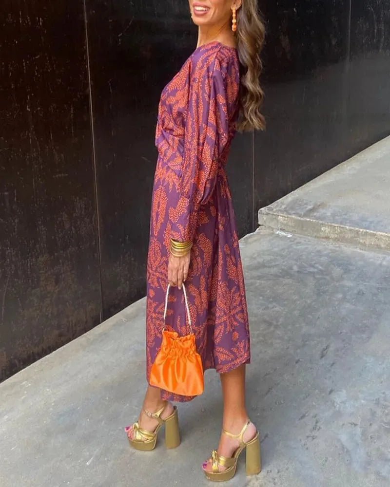 Talia | Elegant V - Neck Wrap Blue Dress With Rope Print - Emma's Dresses