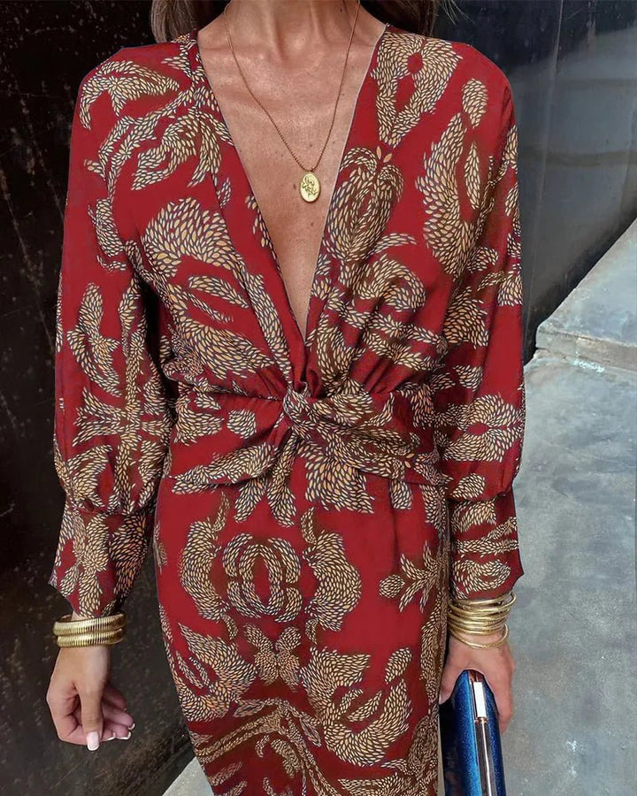 Talia | Elegant V - Neck Wrap Blue Dress With Rope Print - Emma's Dresses